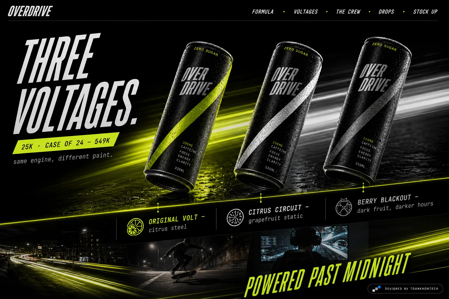 OVERDRIVE website concept artboard focused on voltages