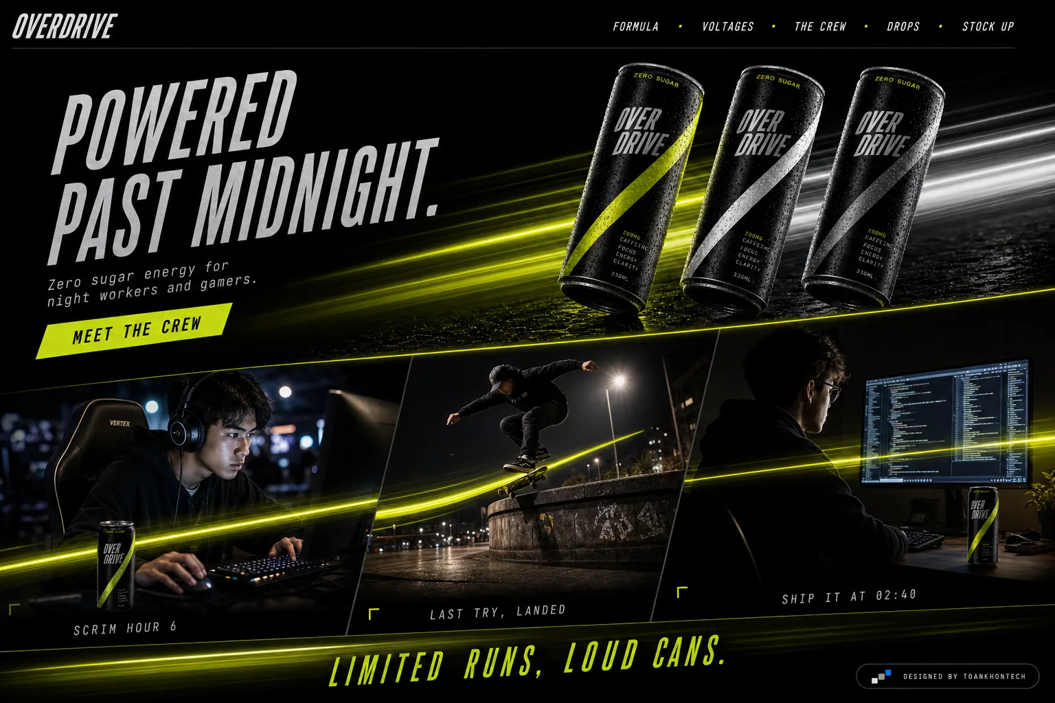 OVERDRIVE website concept artboard focused on crew