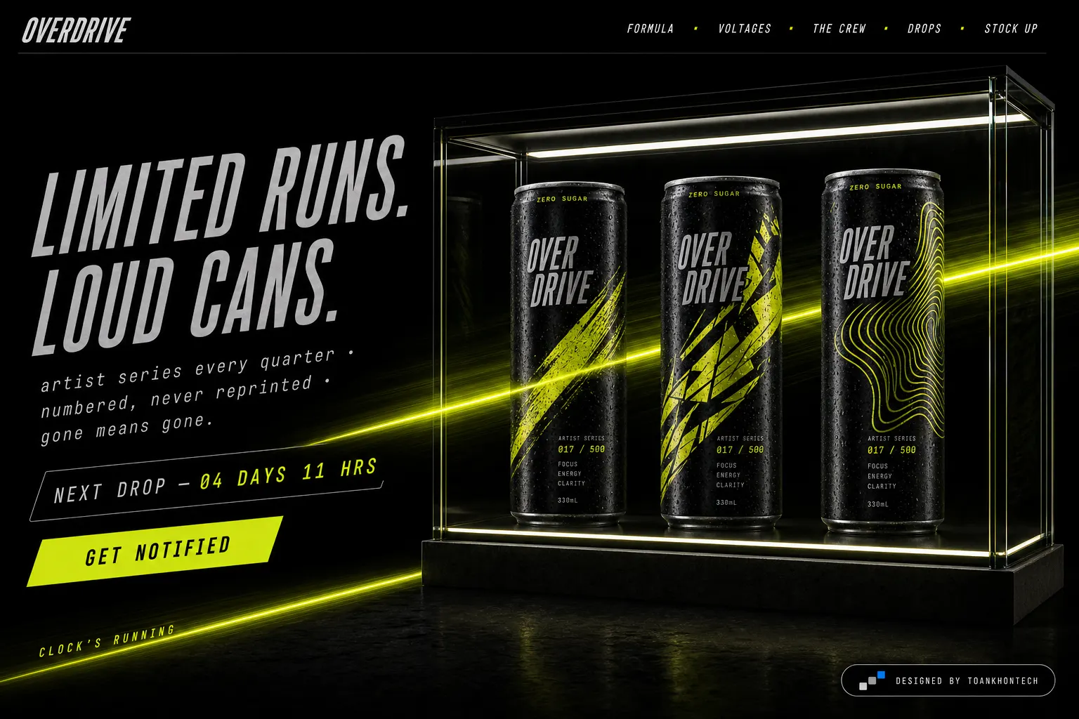 OVERDRIVE website concept artboard focused on drops
