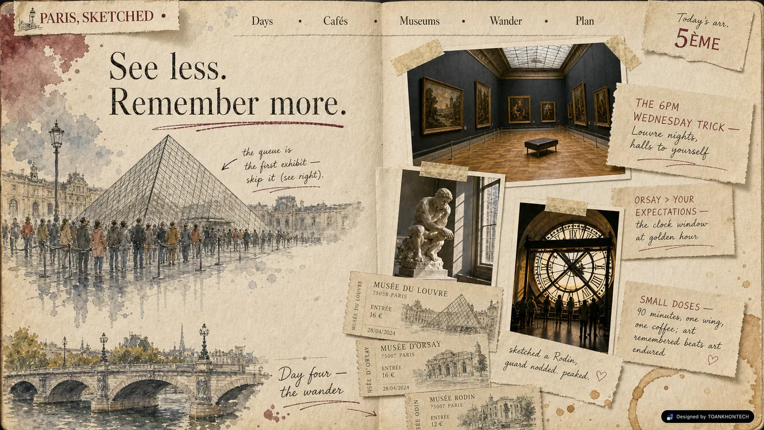 PARIS, SKETCHED website concept artboard focused on museums
