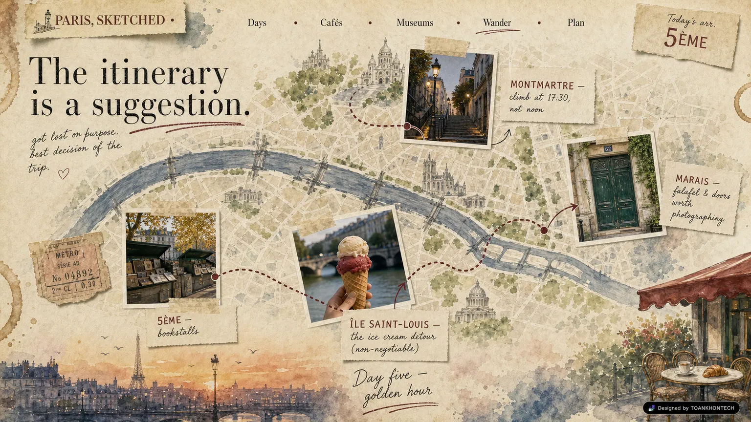 PARIS, SKETCHED website concept artboard focused on wander