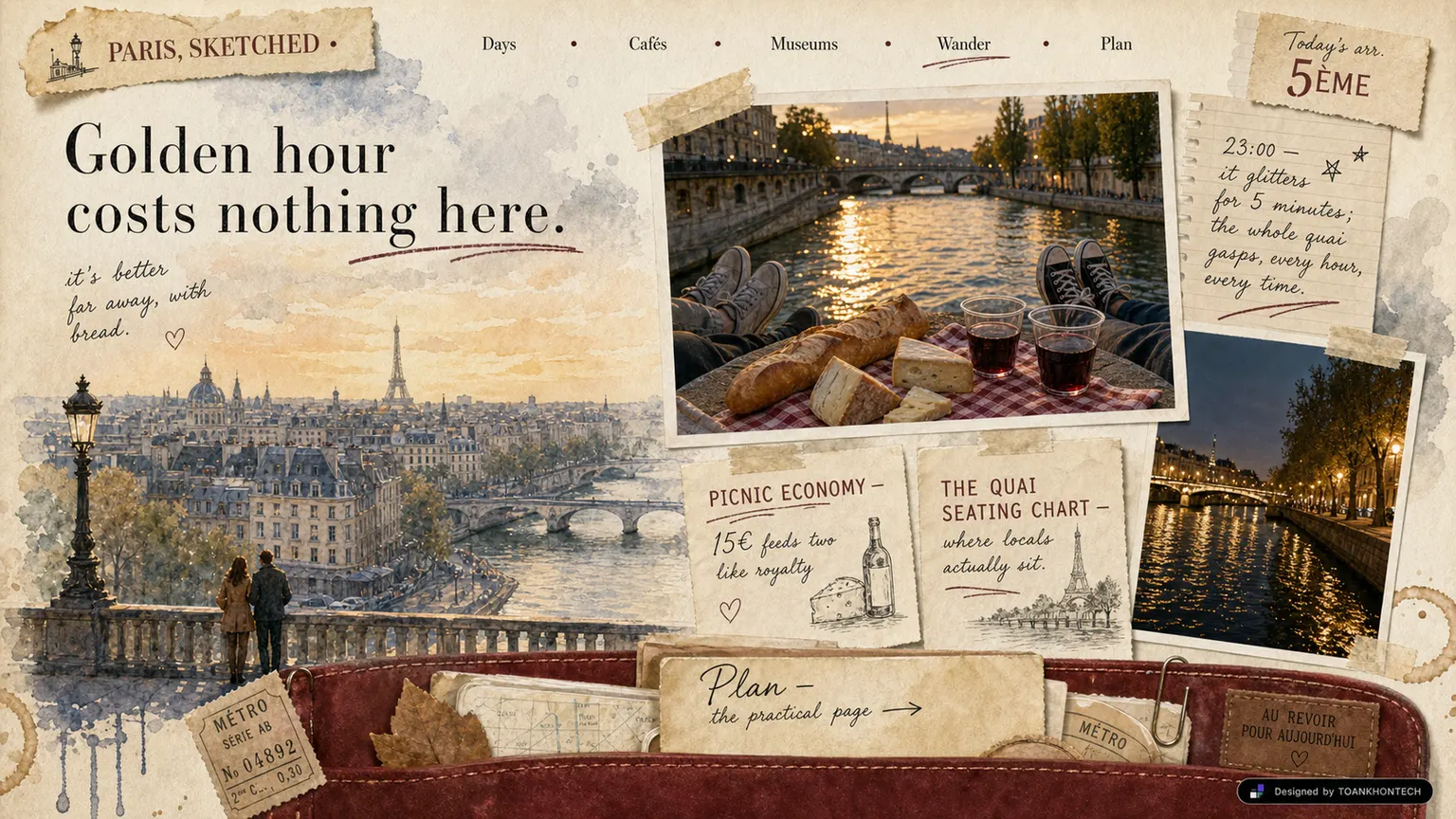 PARIS, SKETCHED website concept artboard focused on goldenhour