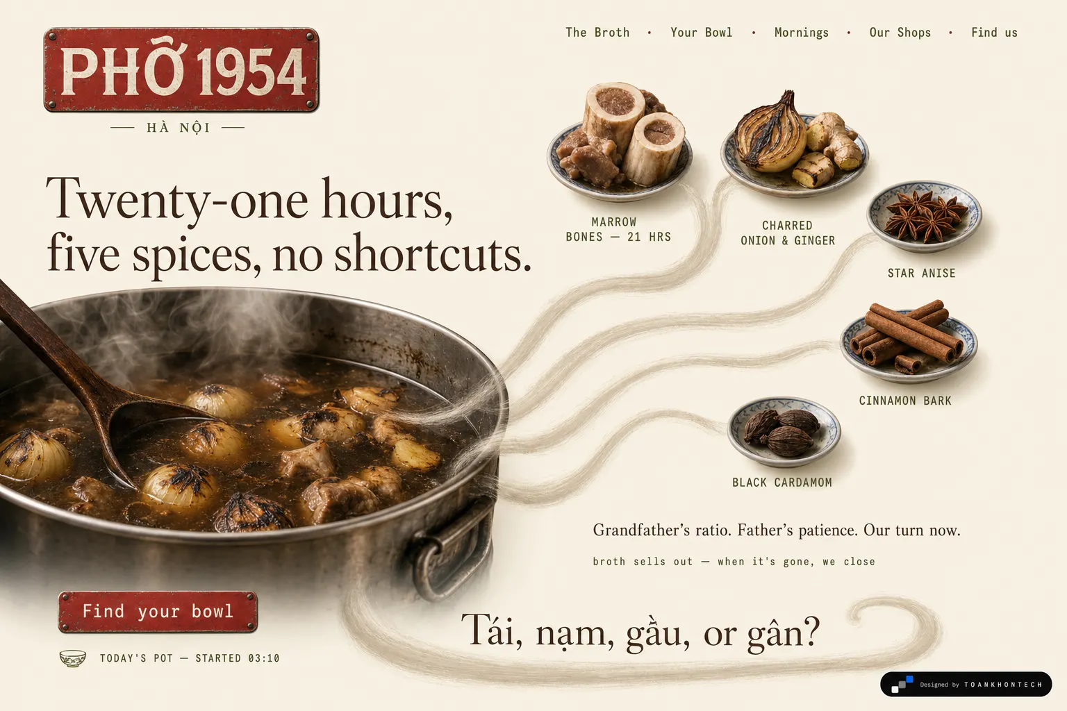 PHỞ 1954 website concept artboard focused on broth