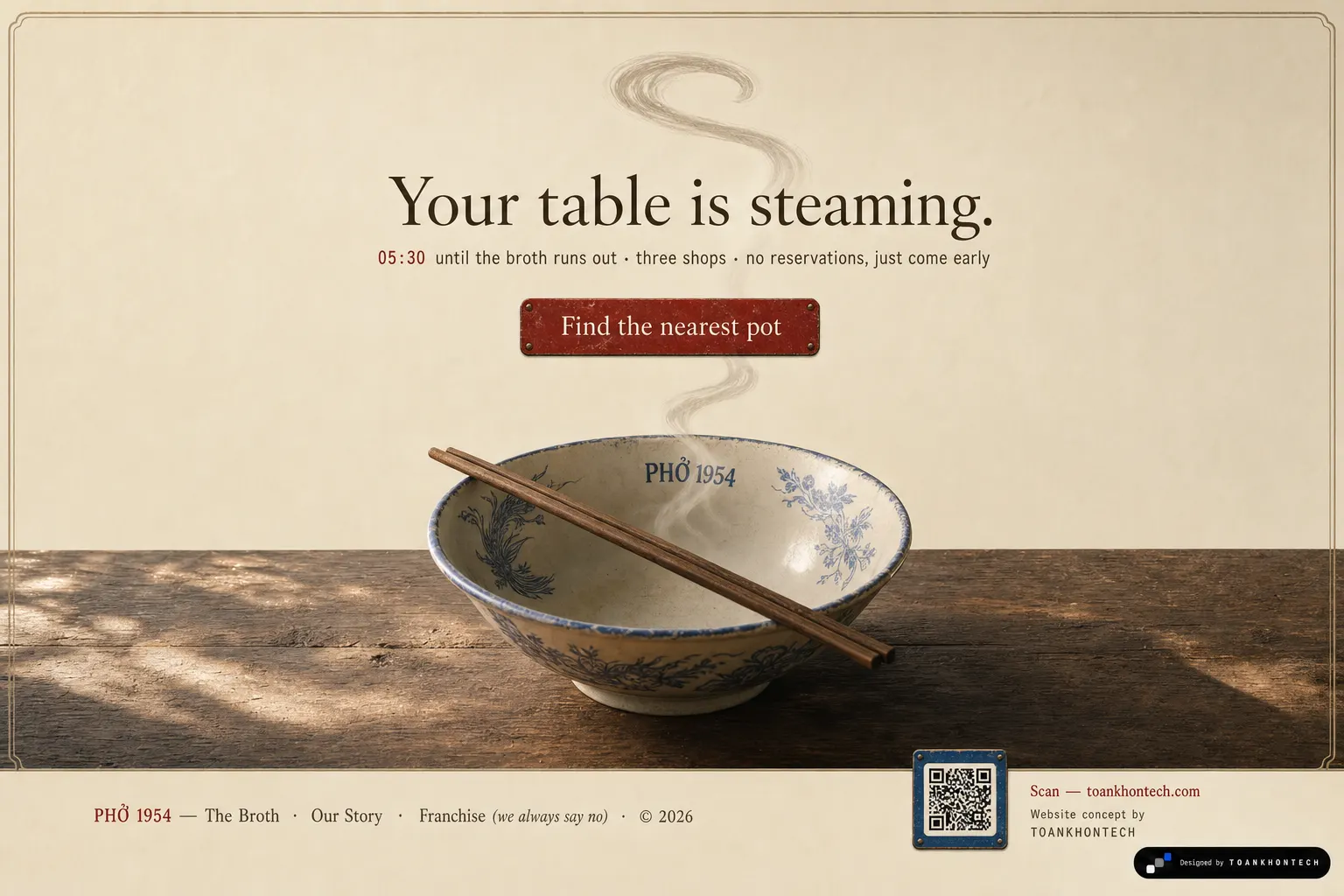 PHỞ 1954 website concept artboard focused on closing invitation
