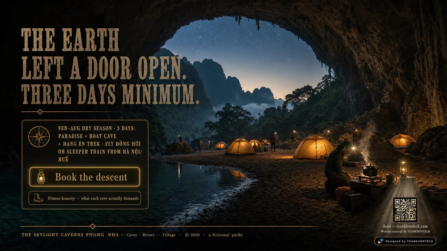 PHONG NHA — THE SKYLIGHT CAVERNS website concept artboard focused on closing invitation