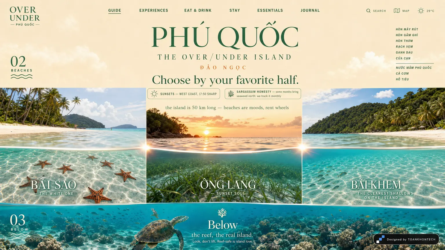 PHÚ QUỐC — THE OVER/UNDER ISLAND website concept artboard focused on beaches