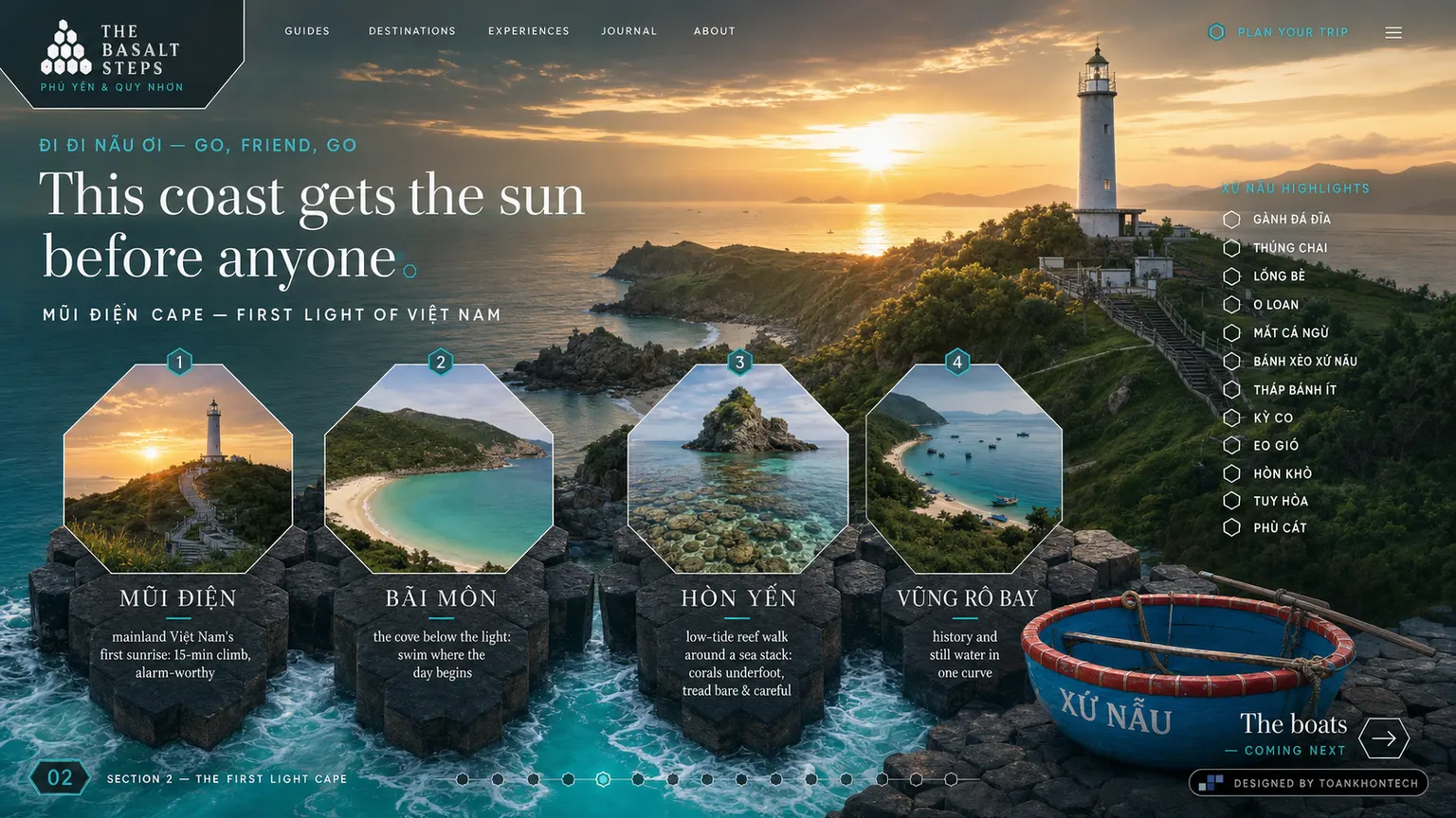 PHÚ YÊN — THE BASALT STEPS website concept artboard focused on capes