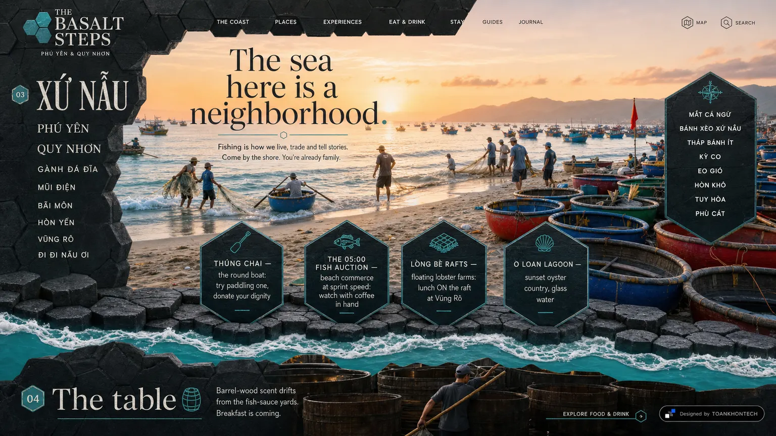 PHÚ YÊN — THE BASALT STEPS website concept artboard focused on boats