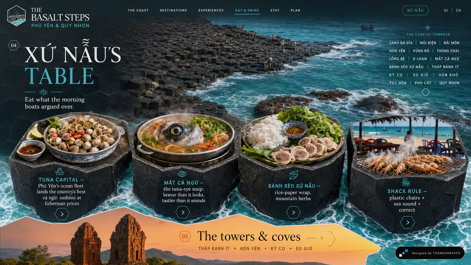 PHÚ YÊN — THE BASALT STEPS website concept artboard focused on thetable