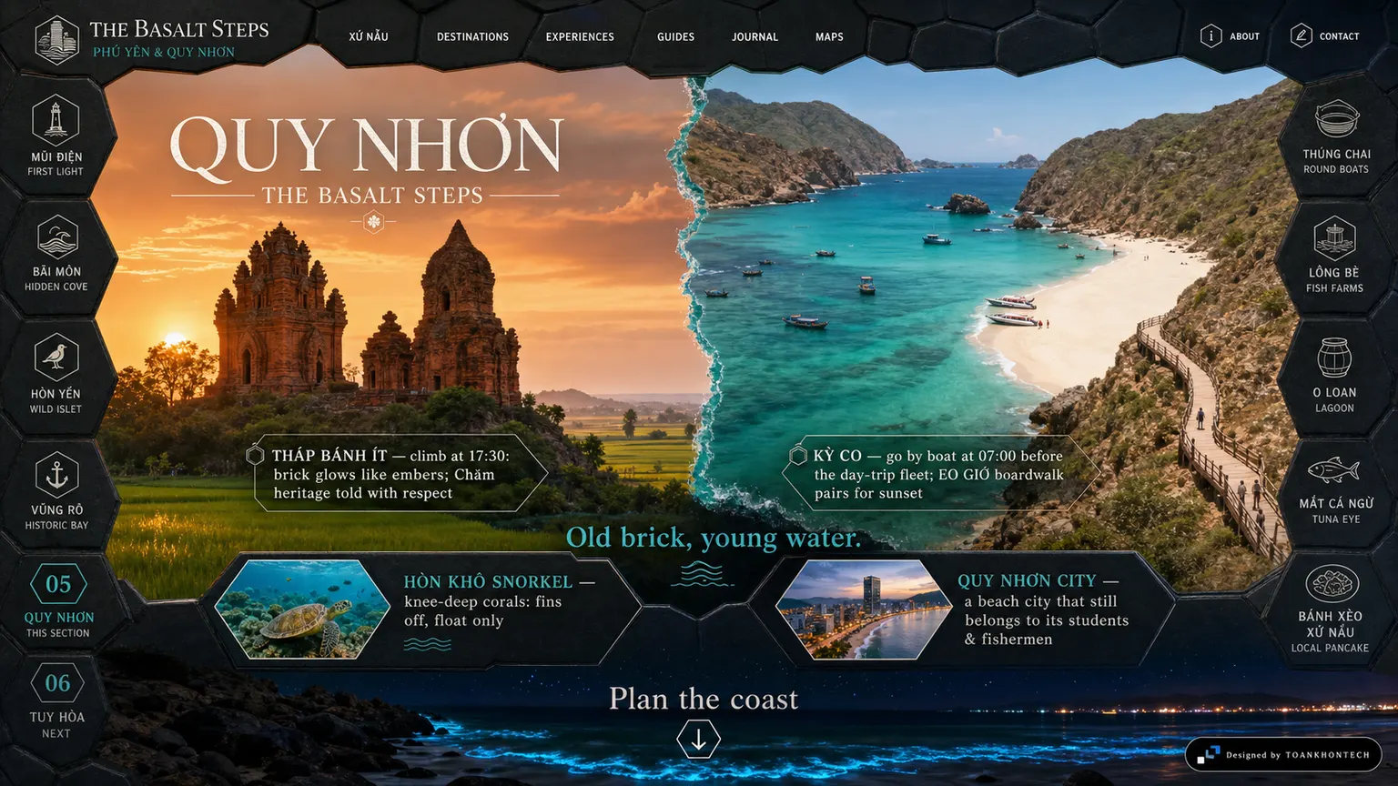 PHÚ YÊN — THE BASALT STEPS website concept artboard focused on towerscoves