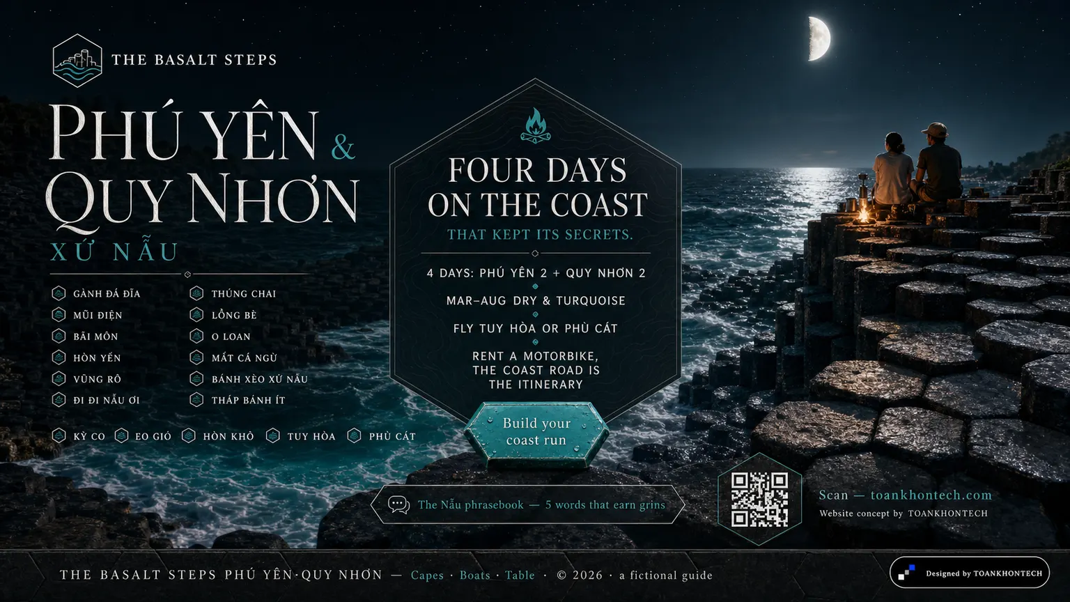 PHÚ YÊN — THE BASALT STEPS website concept artboard focused on closing invitation