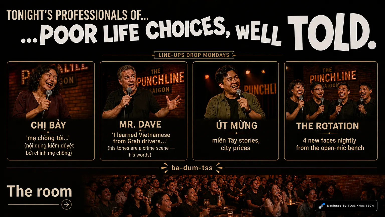 THE PUNCHLINE SAIGON website concept artboard focused on lineup