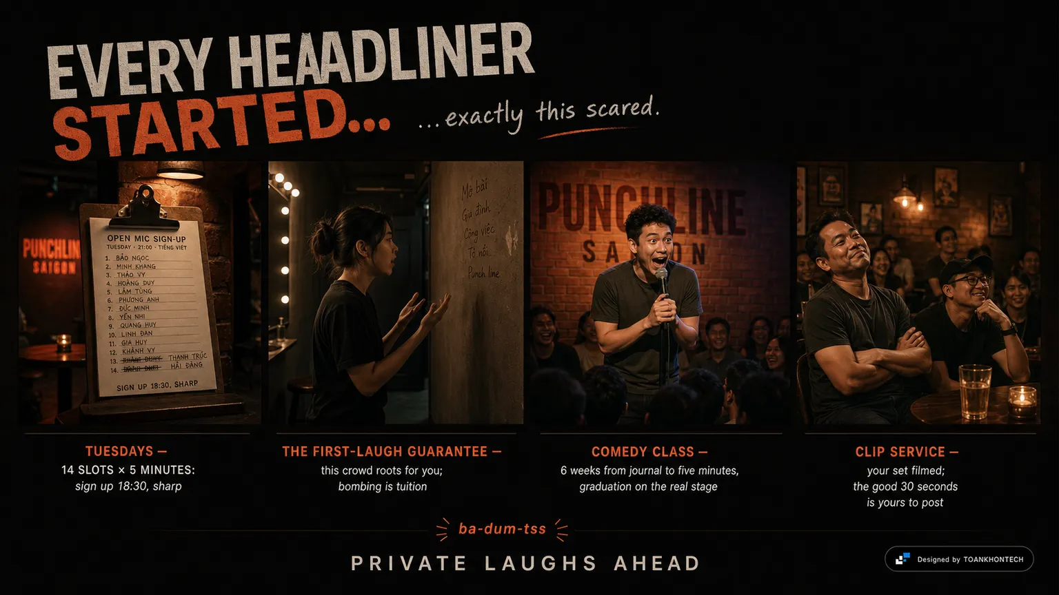THE PUNCHLINE SAIGON website concept artboard focused on openmic
