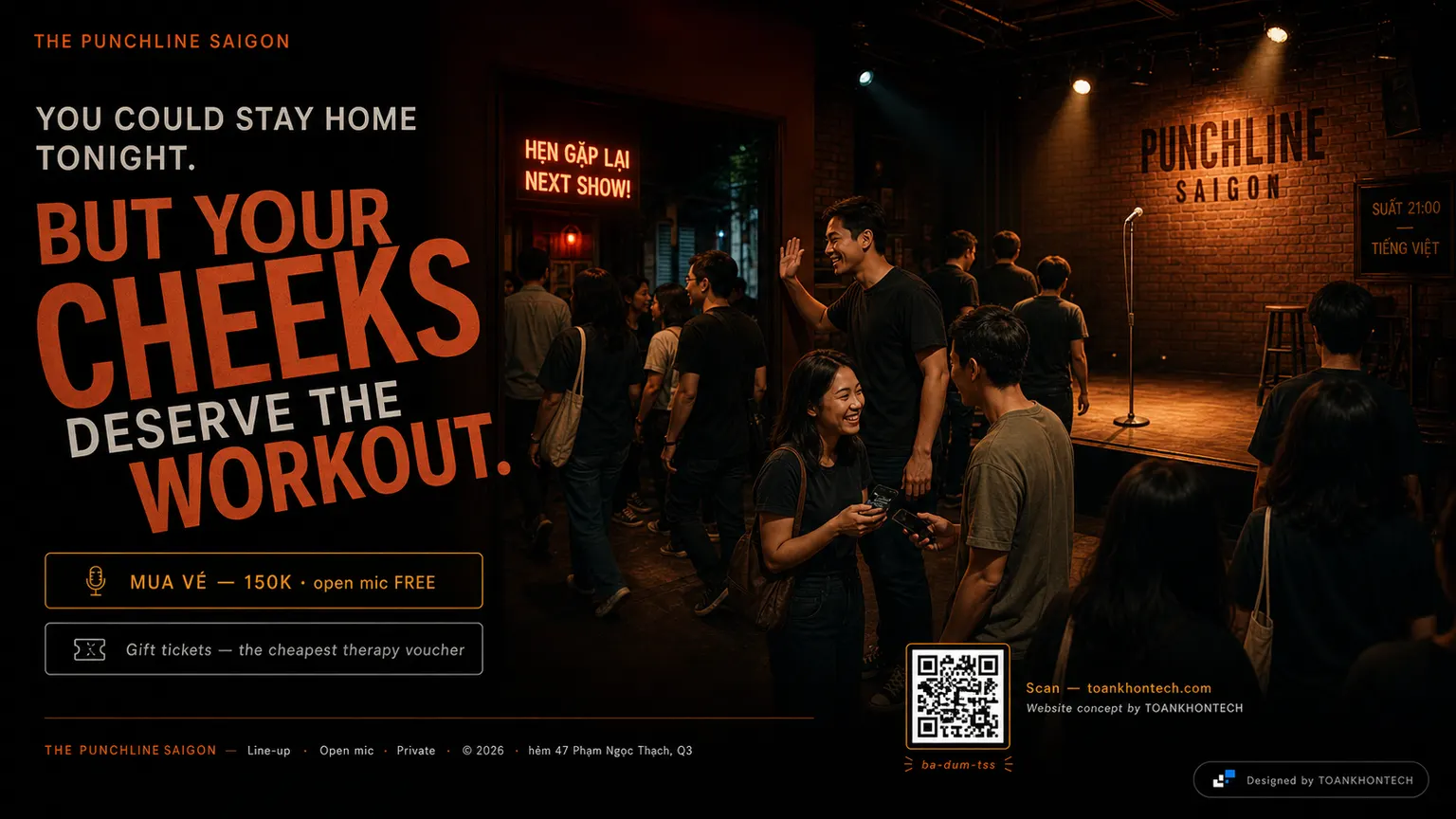 THE PUNCHLINE SAIGON website concept artboard focused on closing invitation