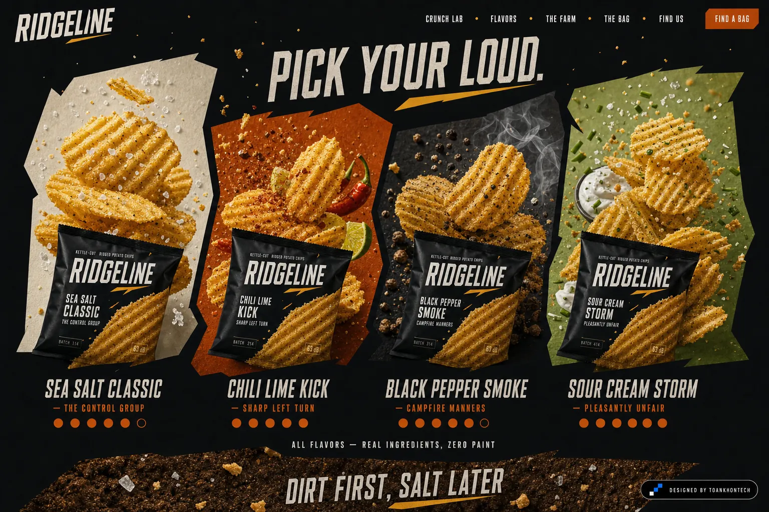 RIDGELINE website concept artboard focused on flavors