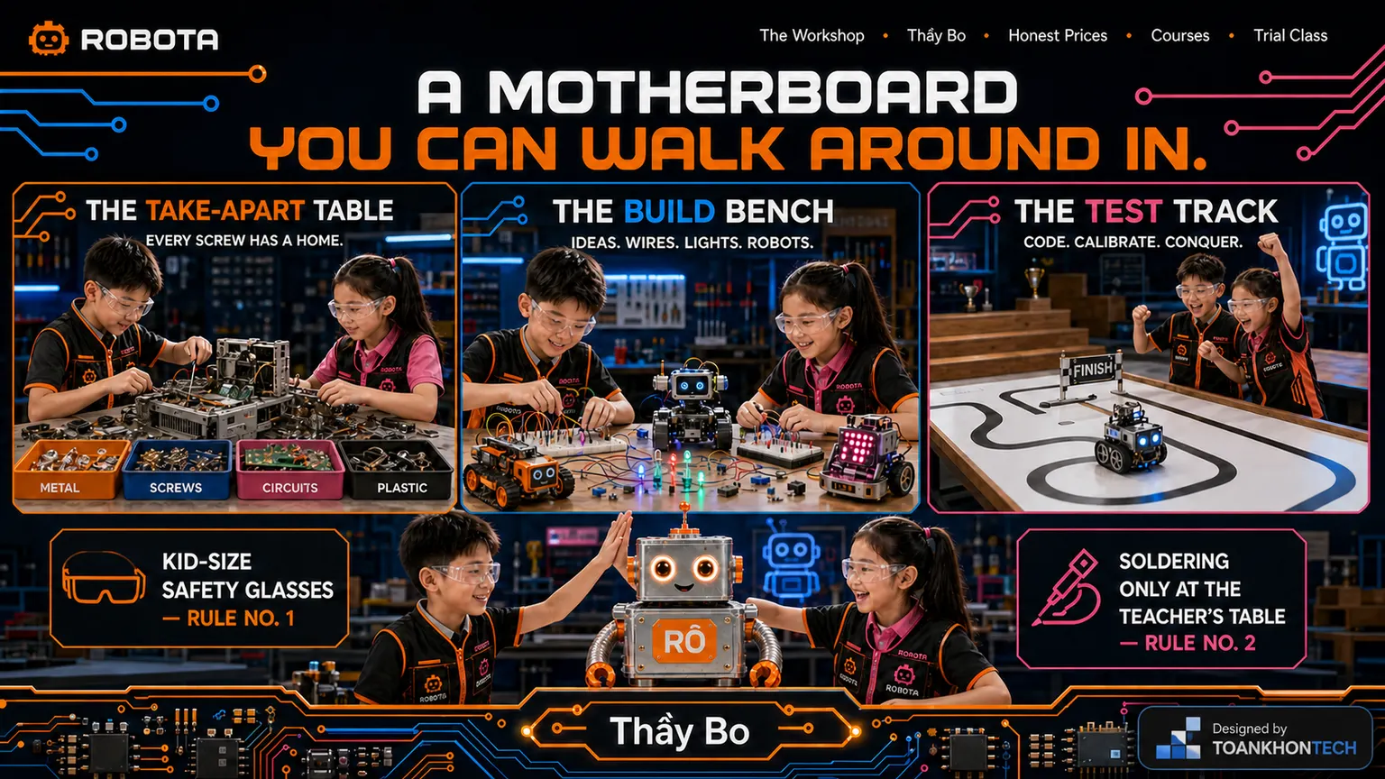 ROBOTA — XƯỞNG STEM CHO TRẺ website concept artboard focused on visitor space