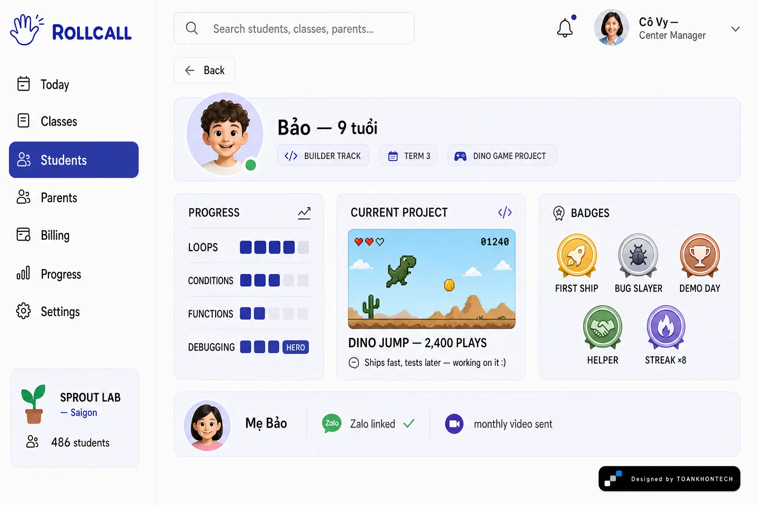ROLLCALL website concept artboard focused on student