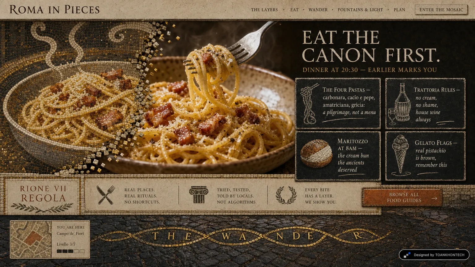 ROMA IN PIECES website concept artboard focused on eat