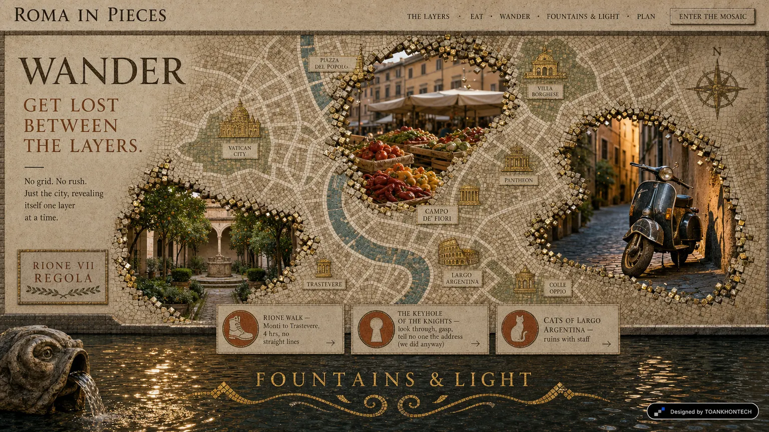 ROMA IN PIECES website concept artboard focused on wander