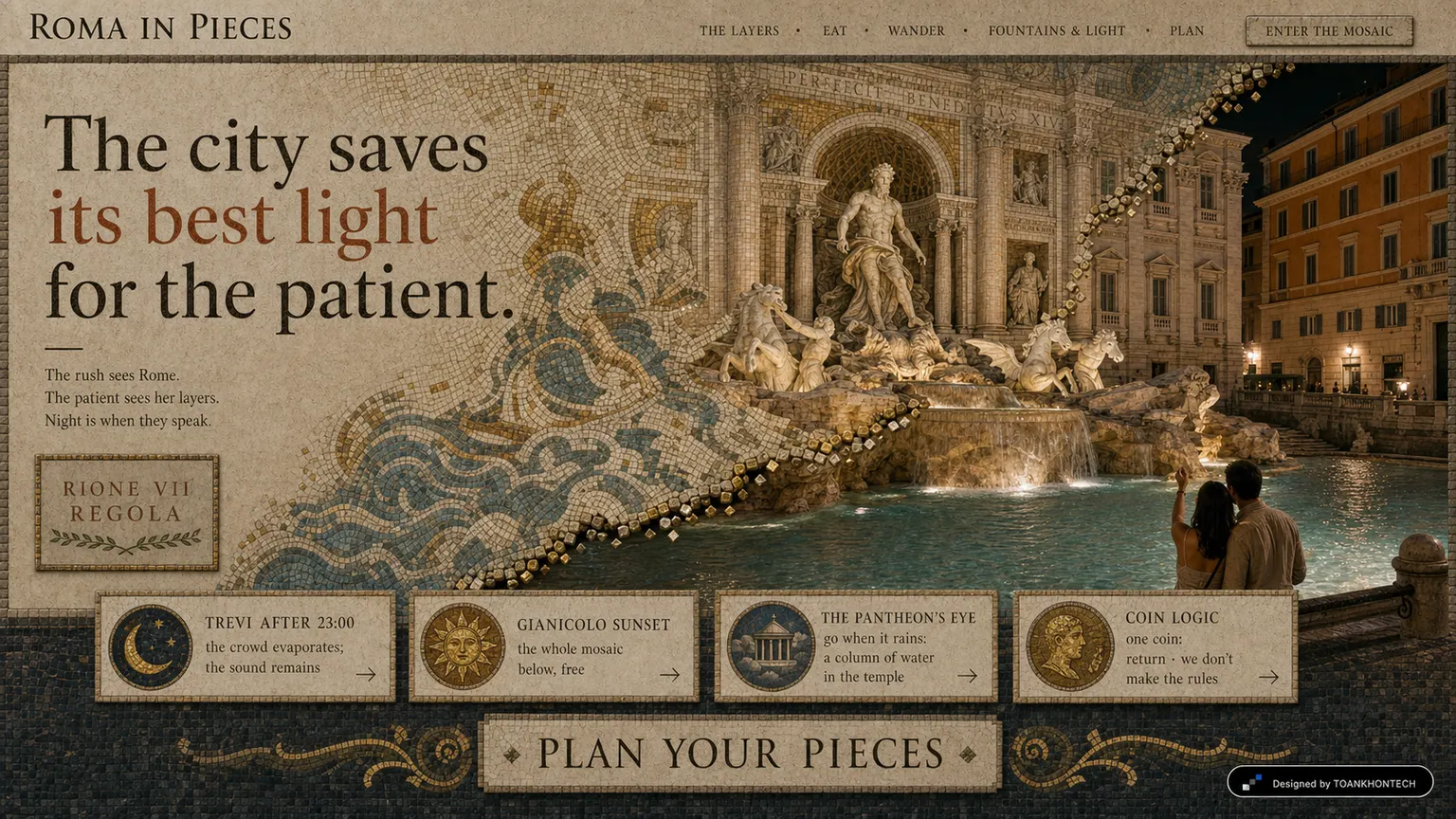 ROMA IN PIECES website concept artboard focused on fountains