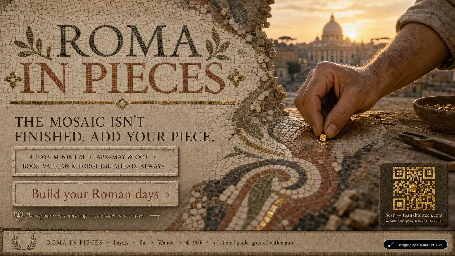 ROMA IN PIECES website concept artboard focused on closing invitation
