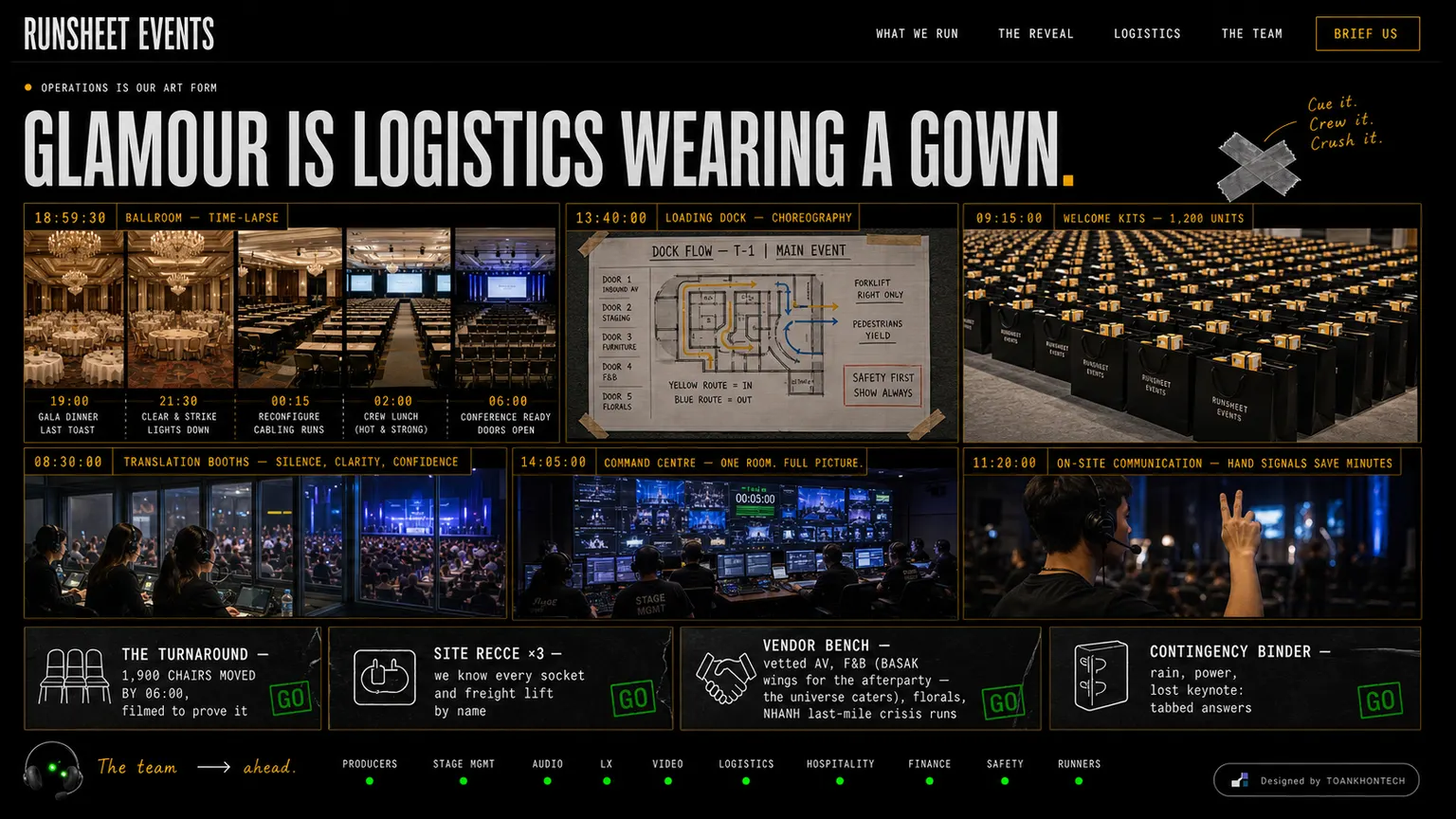 RUNSHEET EVENTS website concept artboard focused on logistics