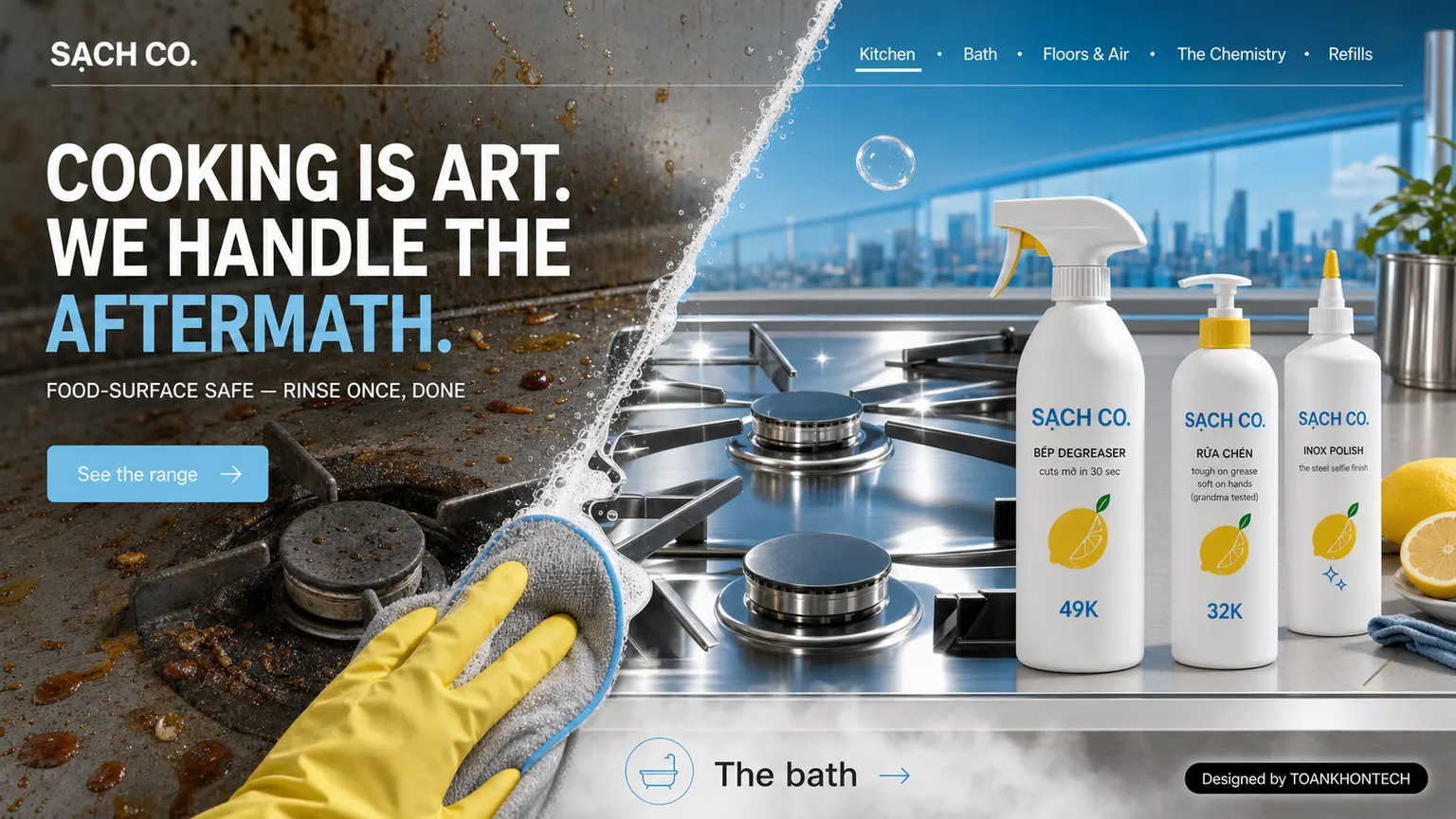 SẠCH CO. website concept artboard focused on kitchen