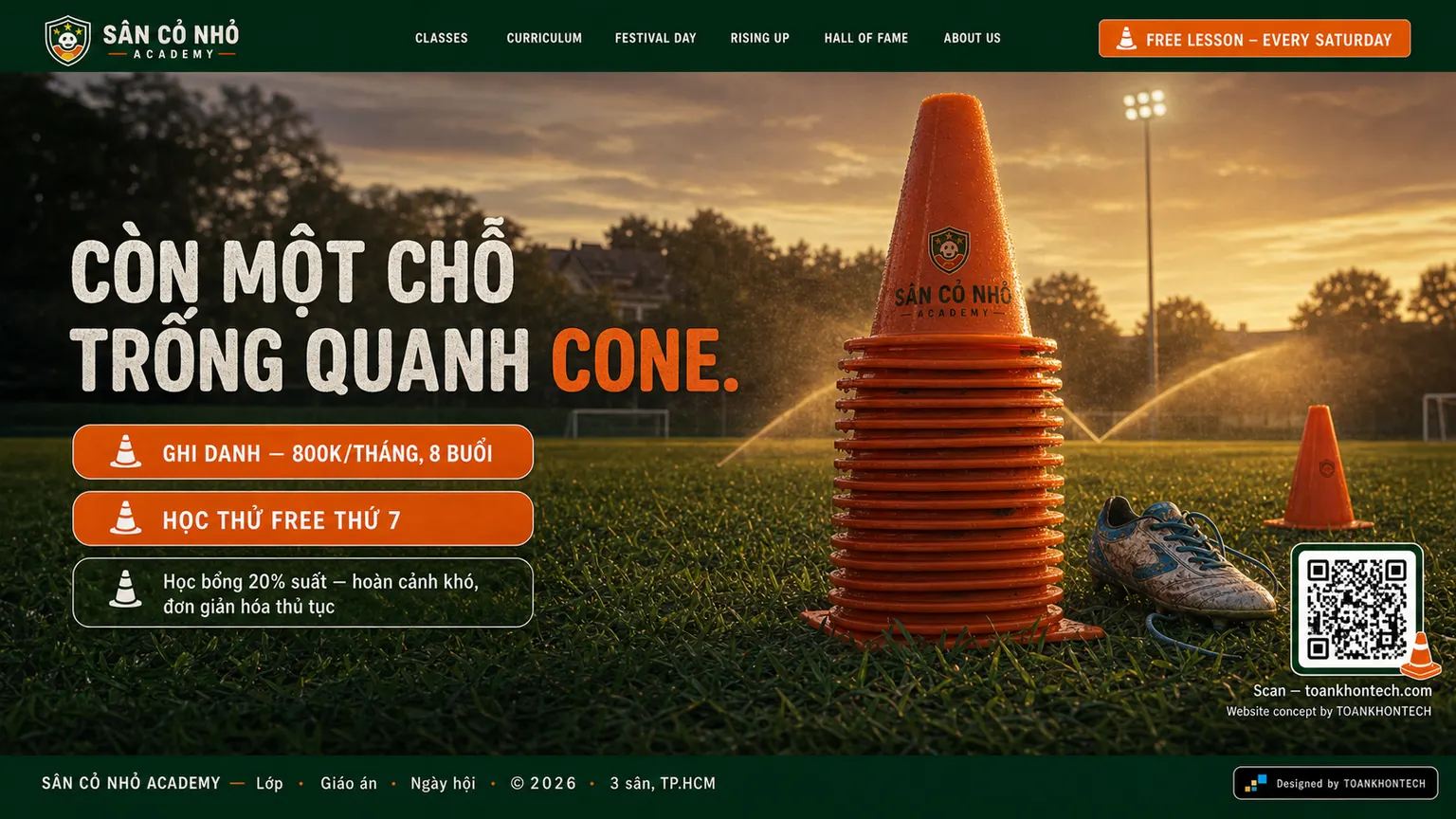 SÂN CỎ NHỎ ACADEMY website concept artboard focused on closing invitation