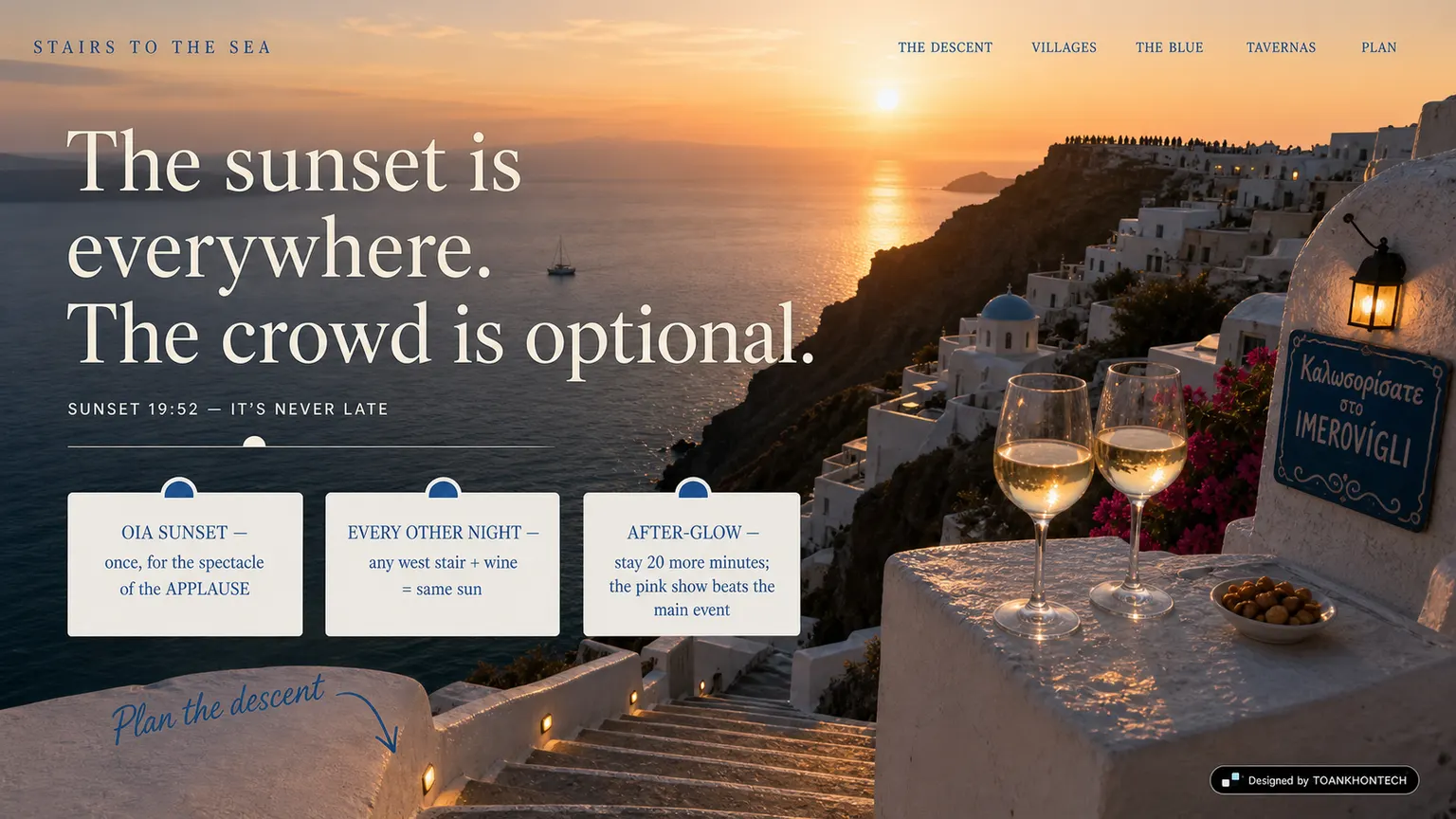 STAIRS TO THE SEA website concept artboard focused on sunset