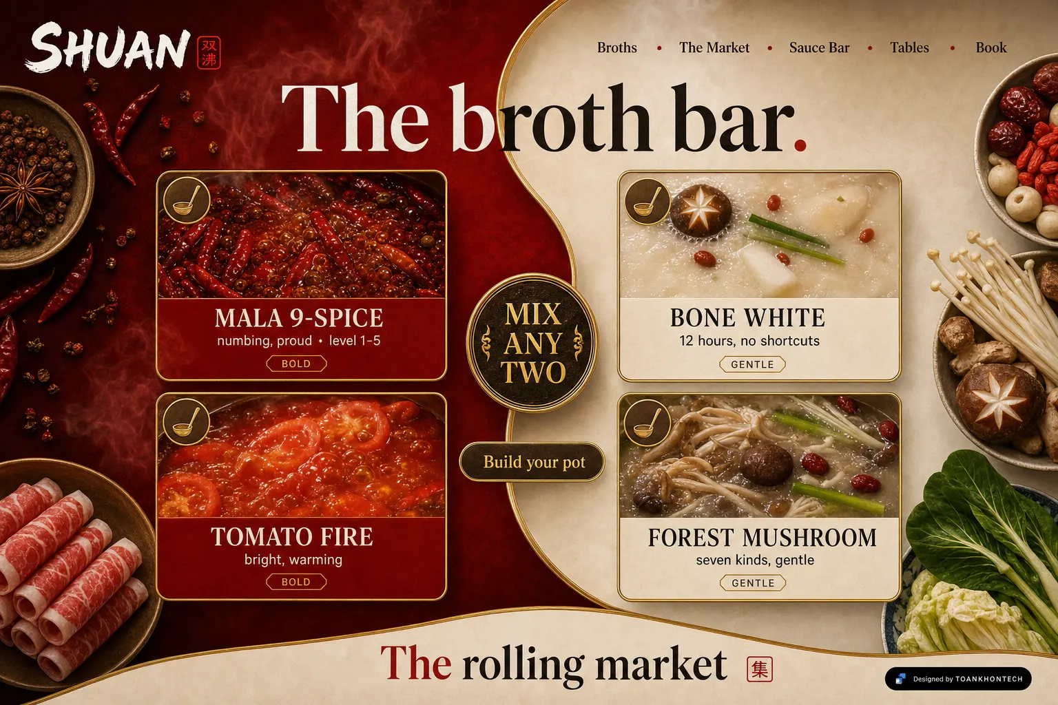 SHUAN website concept artboard focused on broths