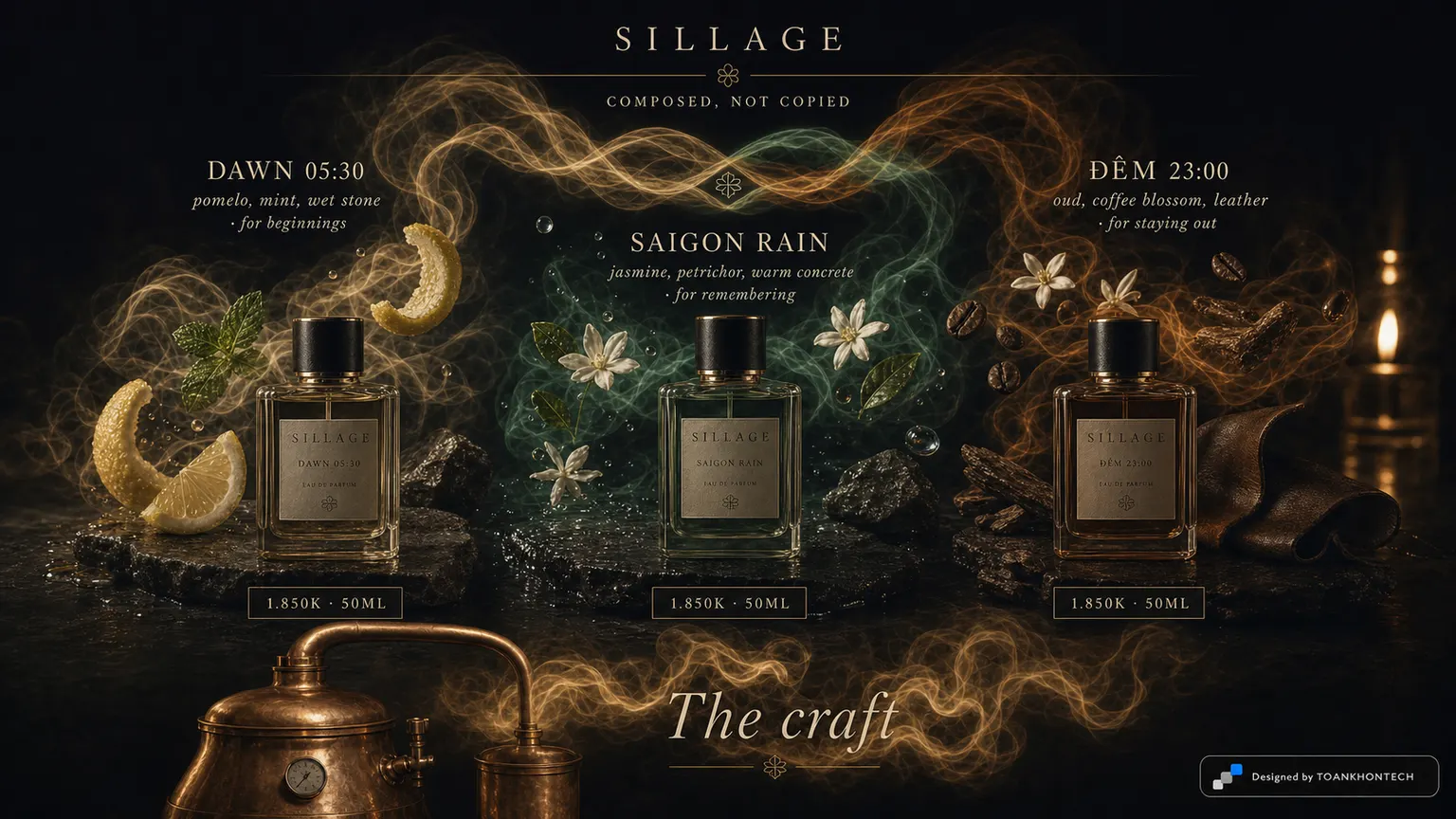 SILLAGE website concept artboard focused on thethree