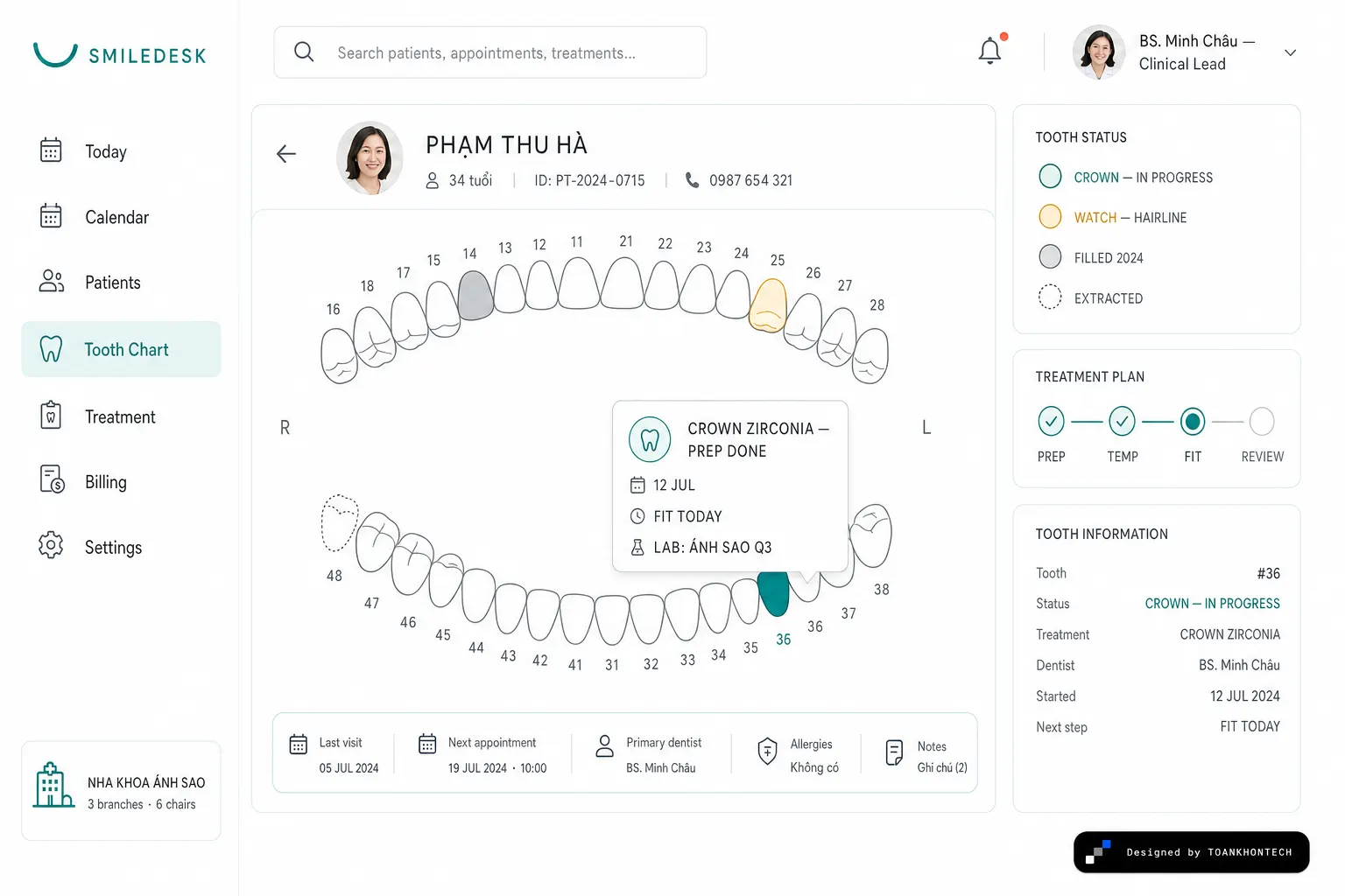 SMILEDESK website concept artboard focused on toothchart