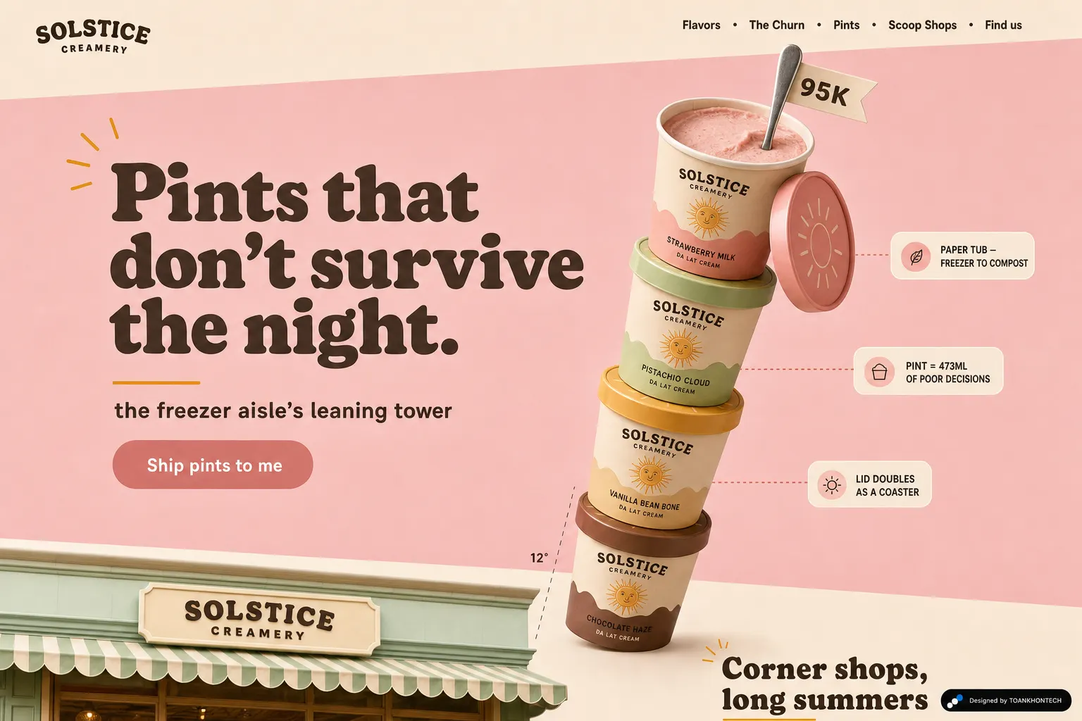 SOLSTICE CREAMERY website concept artboard focused on pints