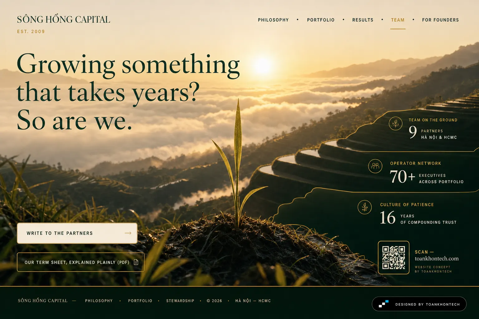 Sông Hồng Capital website concept artboard focused on closing invitation
