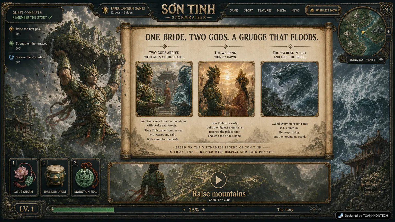 SƠN TINH — STORMRAISER website concept artboard focused on myth