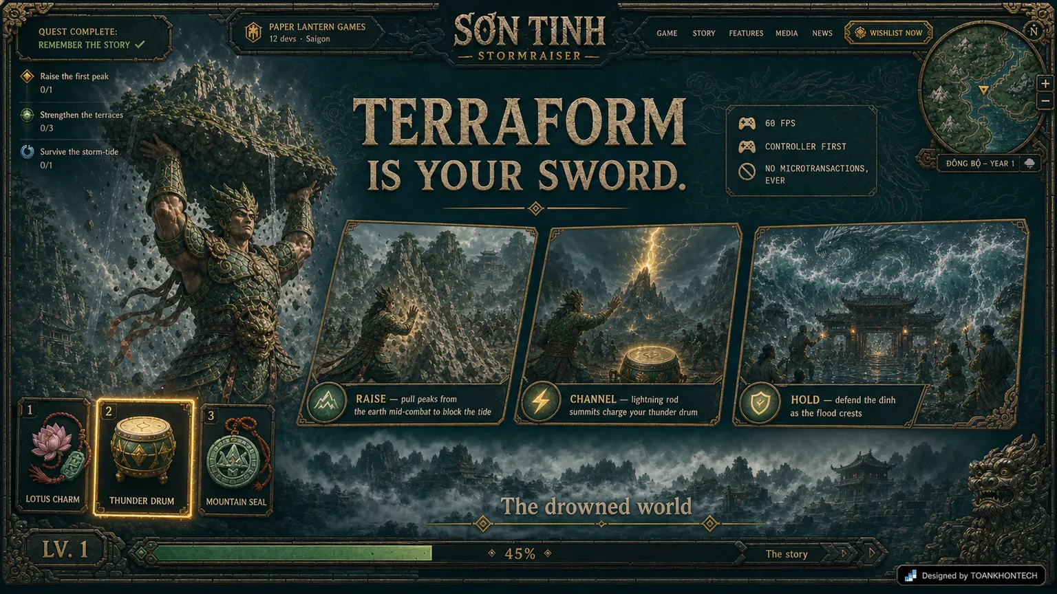 SƠN TINH — STORMRAISER website concept artboard focused on gameplay