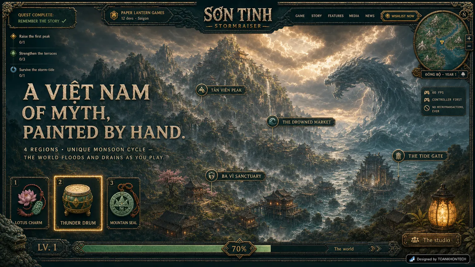 SƠN TINH — STORMRAISER website concept artboard focused on world