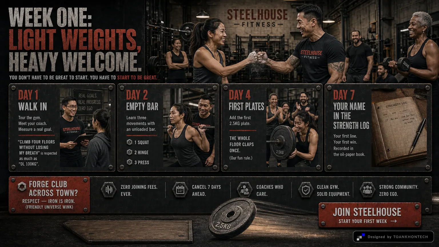 STEELHOUSE FITNESS website concept artboard focused on experience