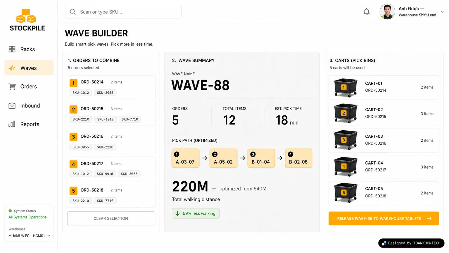 STOCKPILE website concept artboard focused on live workflow