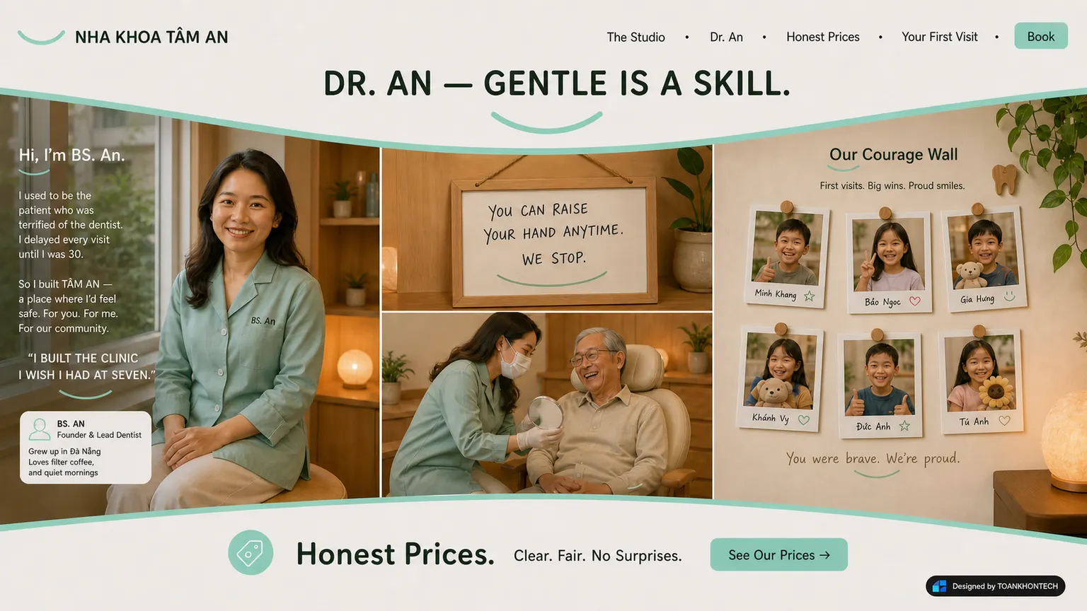 NHA KHOA TÂM AN website concept artboard focused on story