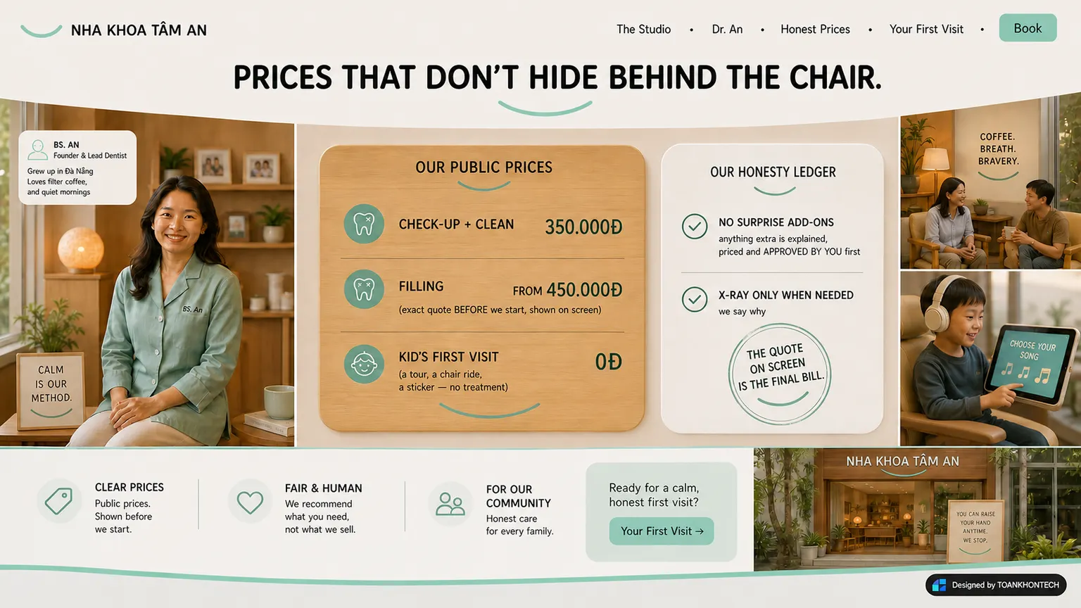 NHA KHOA TÂM AN website concept artboard focused on prices