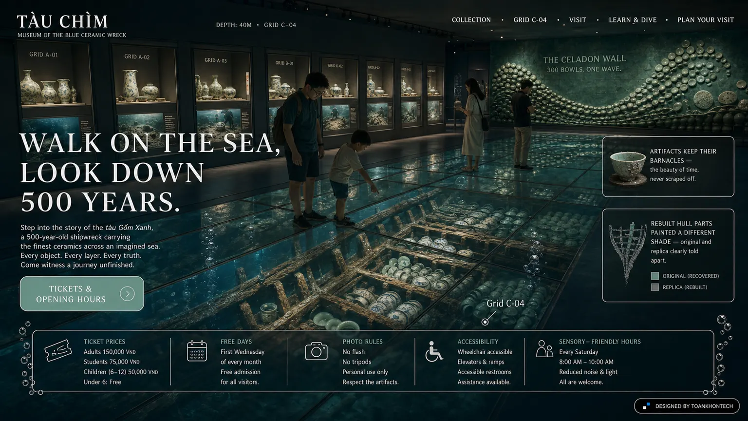 TÀU CHÌM website concept artboard focused on visitor space