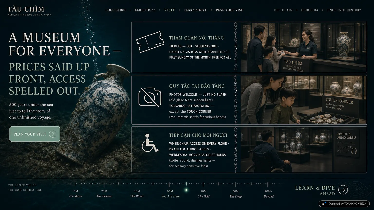 TÀU CHÌM website concept artboard focused on visitor journey
