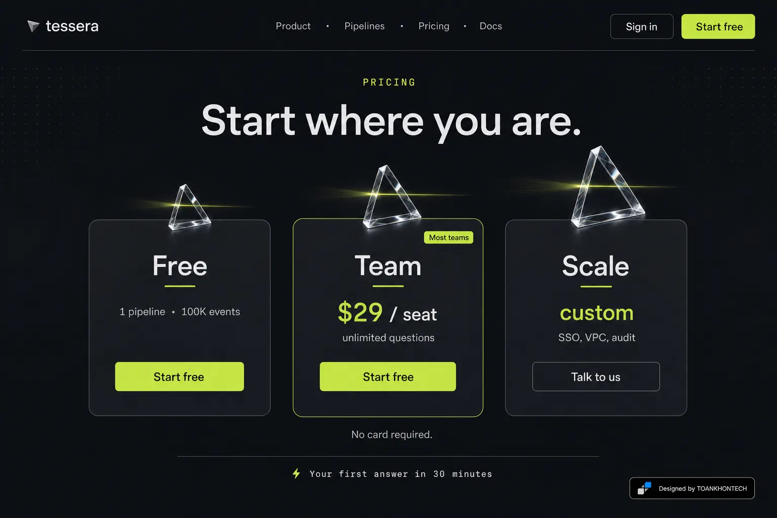 tessera website concept artboard focused on pricing