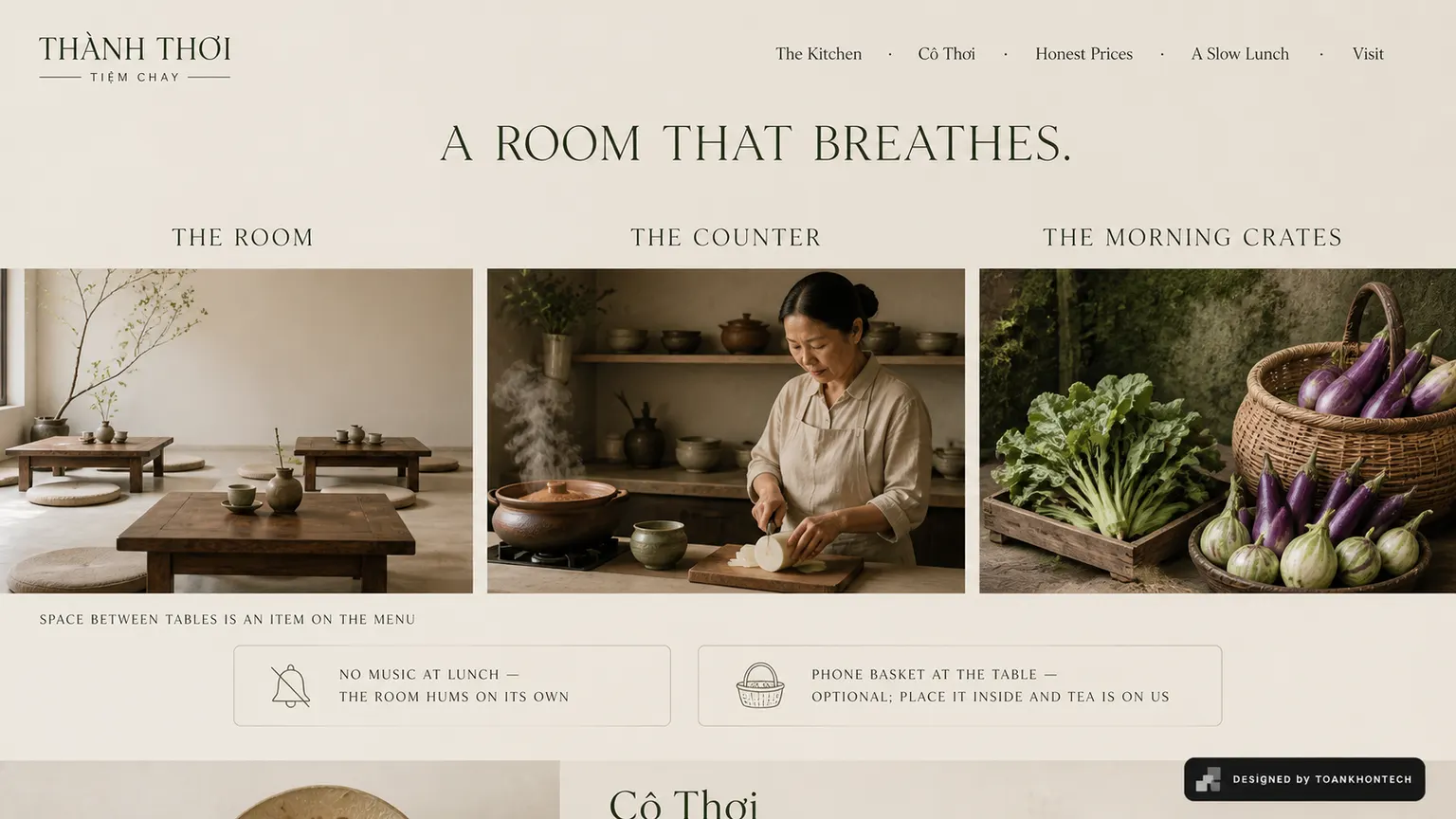 THẢNH THƠI — TIỆM CHAY website concept artboard focused on visitor space