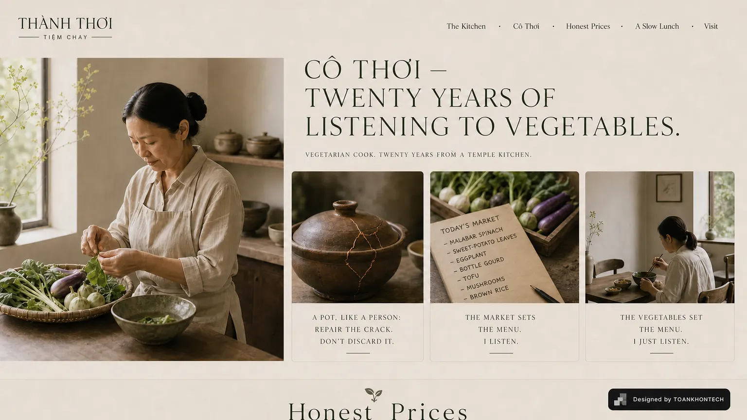THẢNH THƠI — TIỆM CHAY website concept artboard focused on story