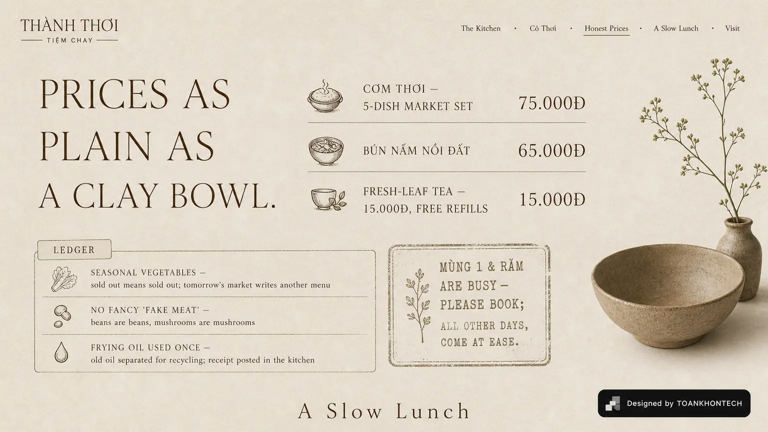 THẢNH THƠI — TIỆM CHAY website concept artboard focused on prices