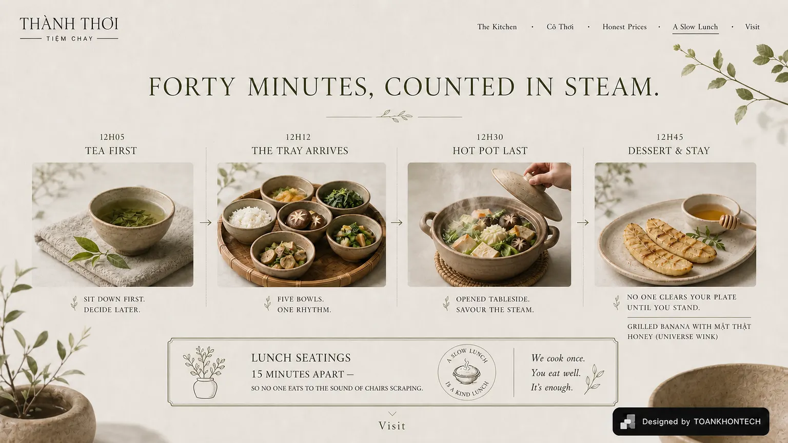 THẢNH THƠI — TIỆM CHAY website concept artboard focused on experience