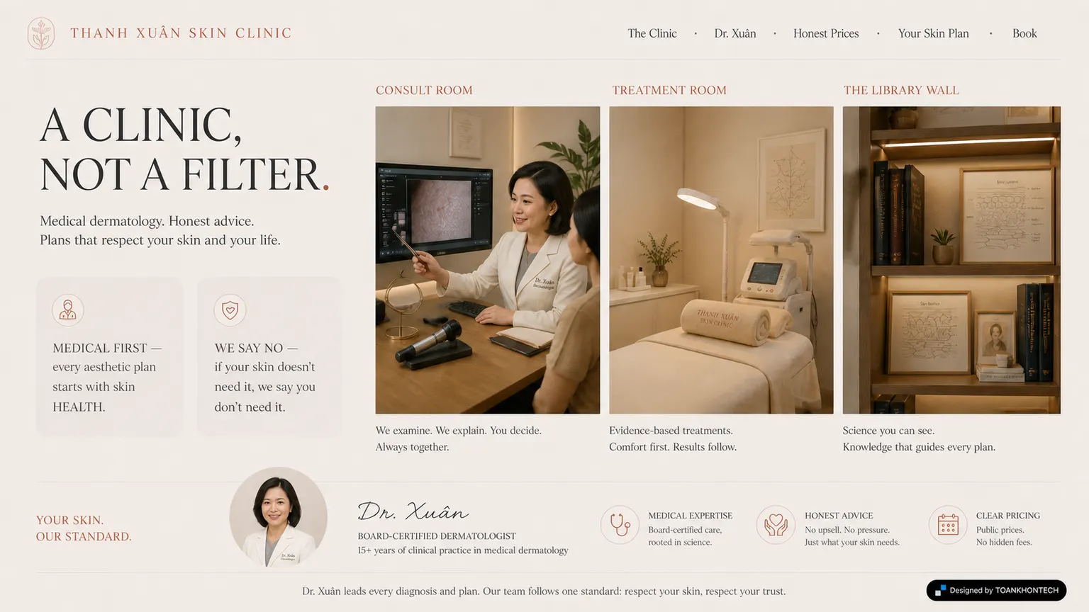 THANH XUÂN SKIN CLINIC website concept artboard focused on visitor space