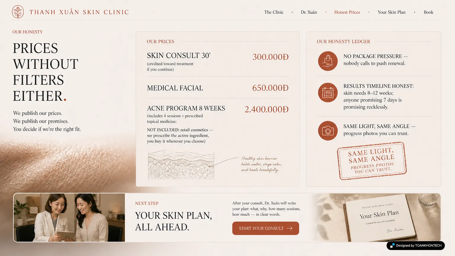 THANH XUÂN SKIN CLINIC website concept artboard focused on prices